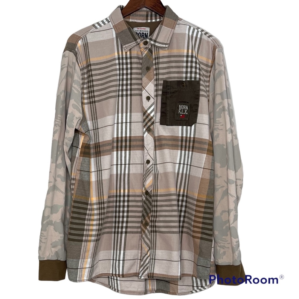 Born Fly Brown Plaid Long Sleeve Flannel Shirt Eagle Snake Embroider Men Size XL